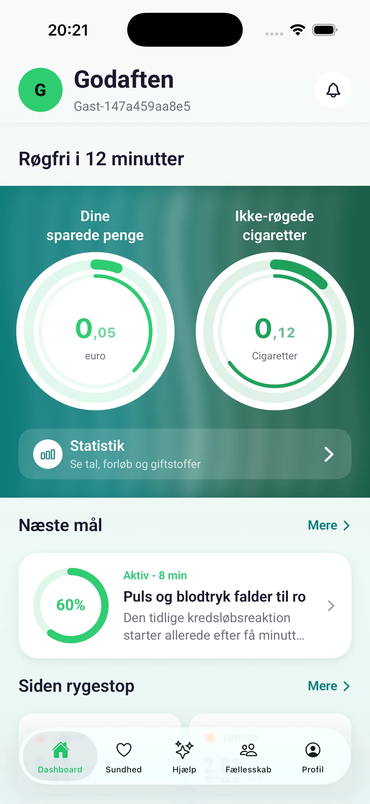 Oversigt med tællere for sparede penge og cigaretter, der ikke er røget