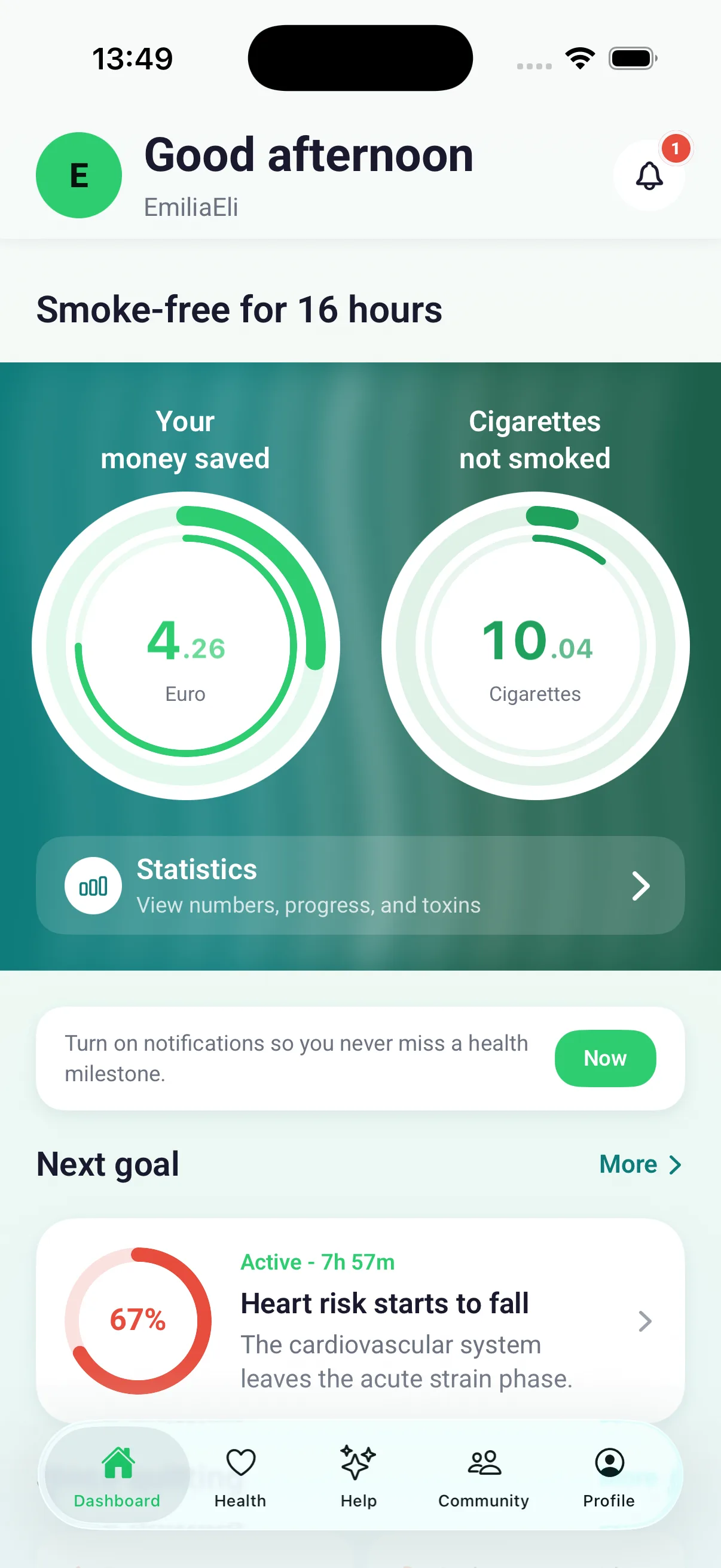 Dashboard with counters for money saved and cigarettes not smoked