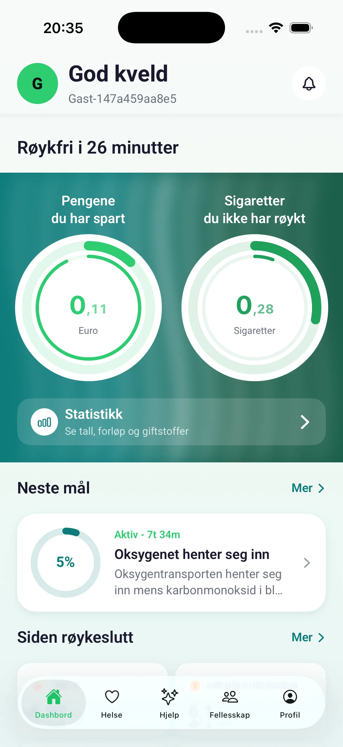 Oversikt med tellere for sparte penger og sigaretter som ikke er røykt
