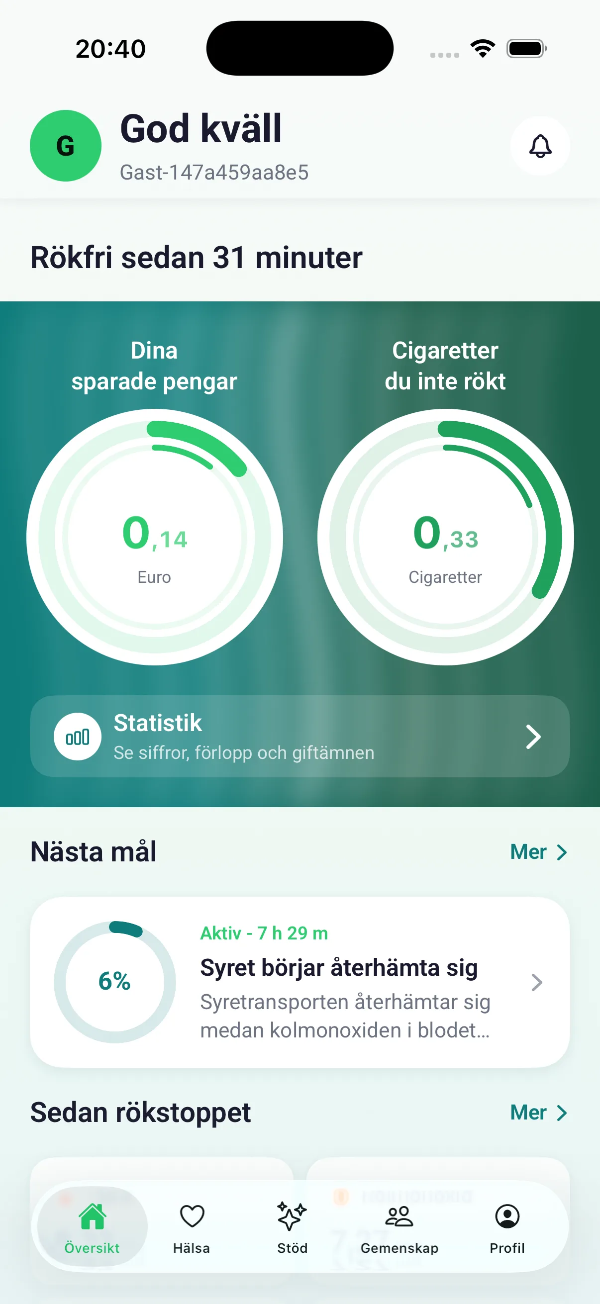 Översikt med räknare för sparade pengar och cigaretter som inte har rökts